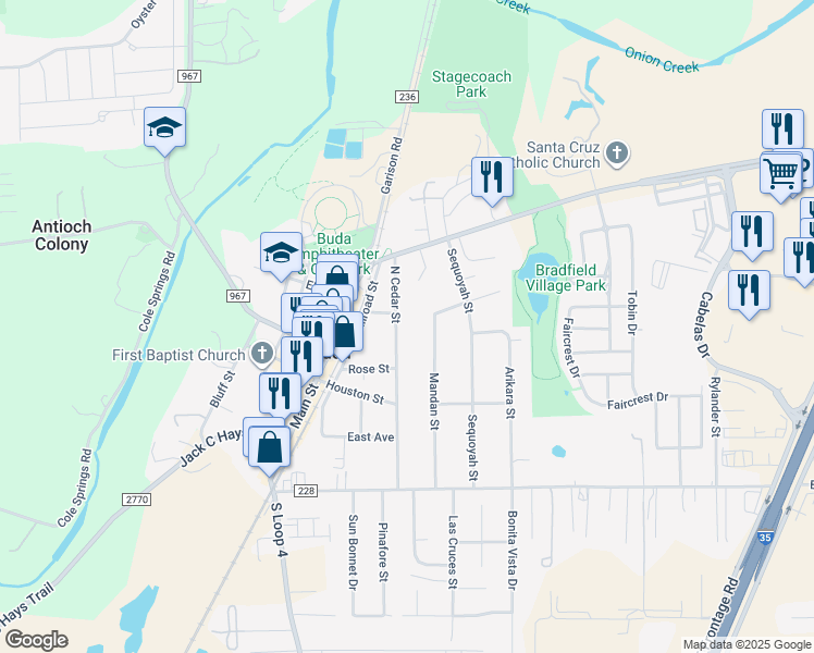 map of restaurants, bars, coffee shops, grocery stores, and more near 208 North Cedar Street in Buda