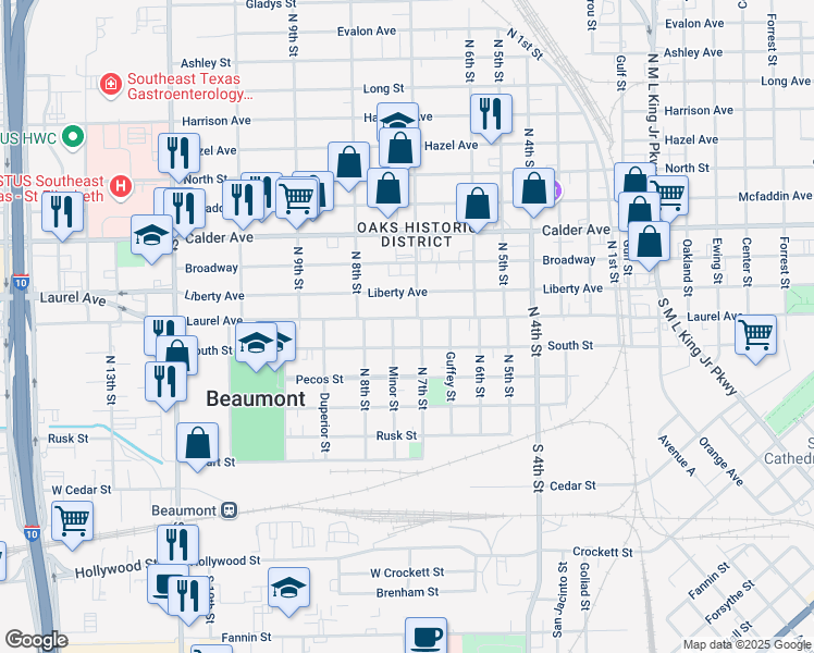 map of restaurants, bars, coffee shops, grocery stores, and more near 195 North 7th Street in Beaumont