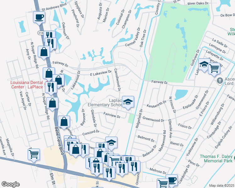 map of restaurants, bars, coffee shops, grocery stores, and more near 101 Lake Ridge Drive in LaPlace