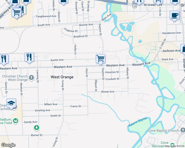 map of restaurants, bars, coffee shops, grocery stores, and more near 2107 Houston Street in West Orange