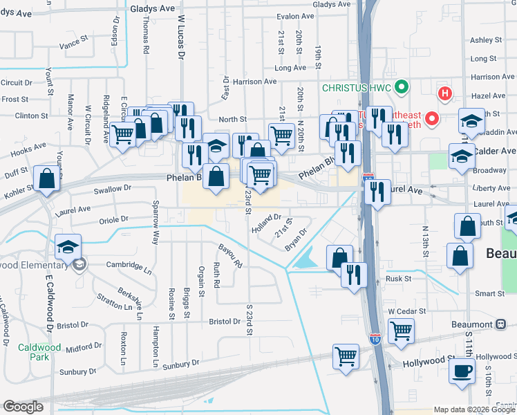 map of restaurants, bars, coffee shops, grocery stores, and more near 3881 Laurel Avenue in Beaumont
