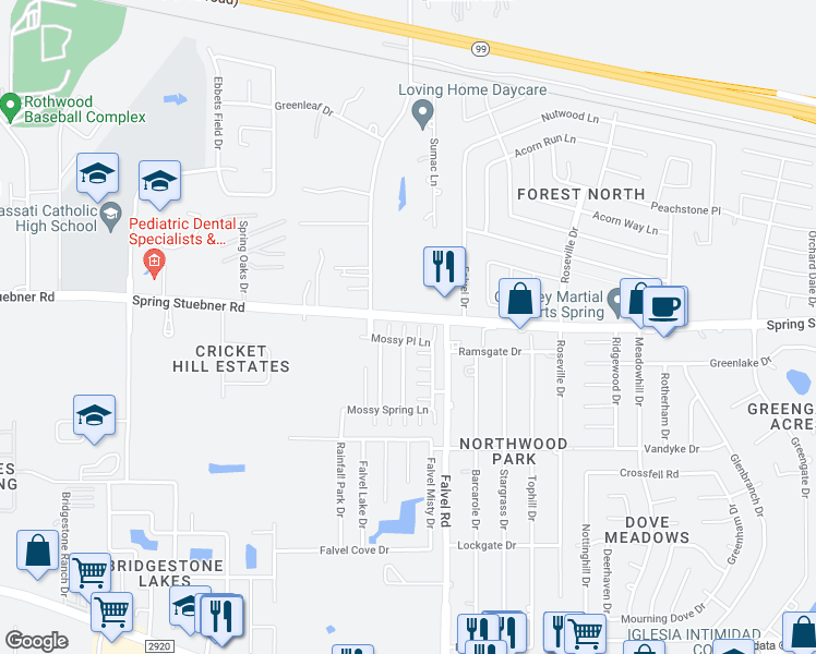 map of restaurants, bars, coffee shops, grocery stores, and more near 4014 Mossy Place Lane in Spring