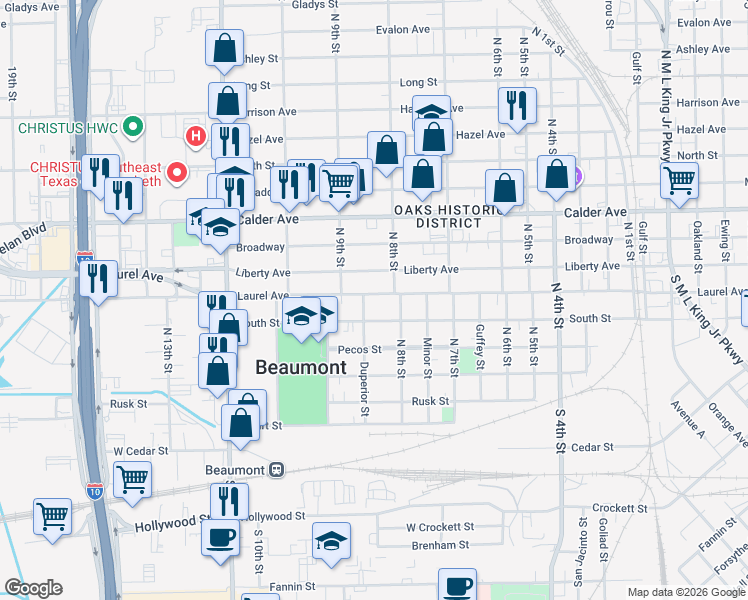 map of restaurants, bars, coffee shops, grocery stores, and more near 2441 Laurel Avenue in Beaumont