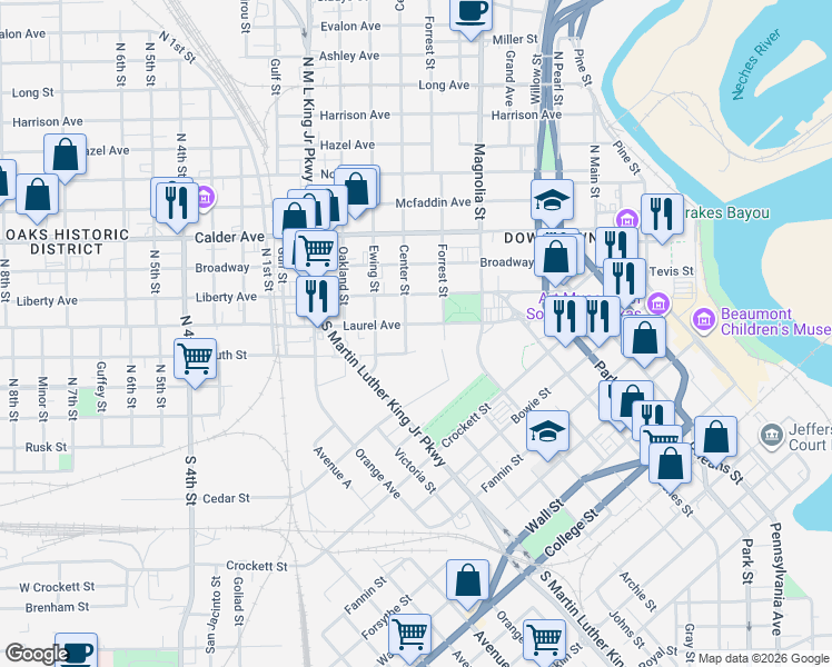 map of restaurants, bars, coffee shops, grocery stores, and more near 1183 Laurel Avenue in Beaumont