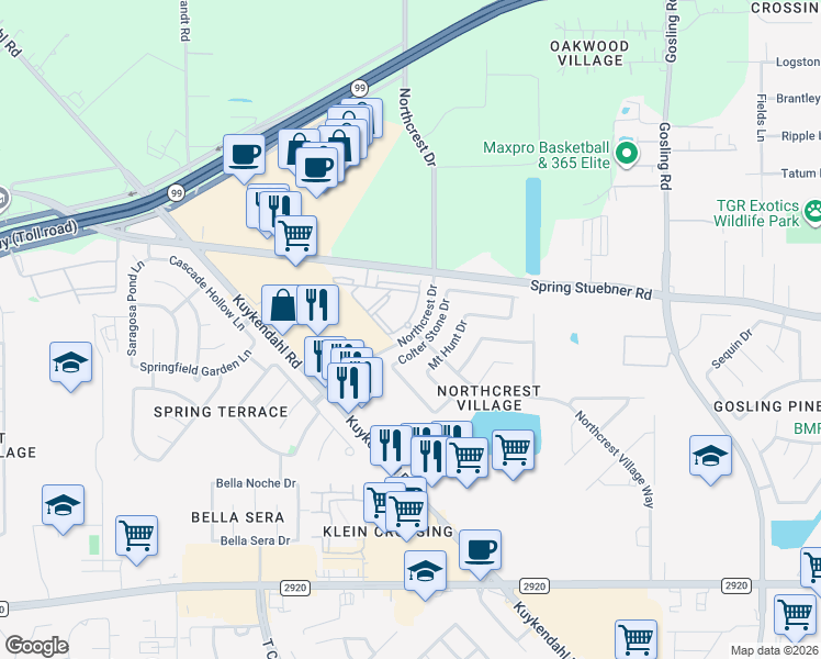 map of restaurants, bars, coffee shops, grocery stores, and more near 21735 Colter Stone Drive in Spring