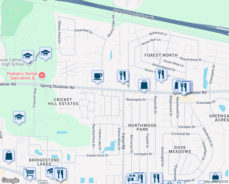 map of restaurants, bars, coffee shops, grocery stores, and more near 4010 Mossy Place Lane in Spring