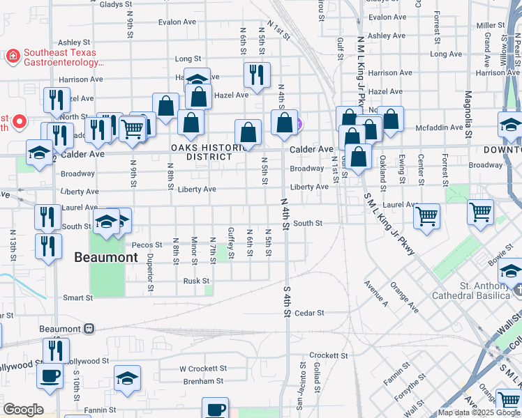 map of restaurants, bars, coffee shops, grocery stores, and more near 2197 Laurel Avenue in Beaumont