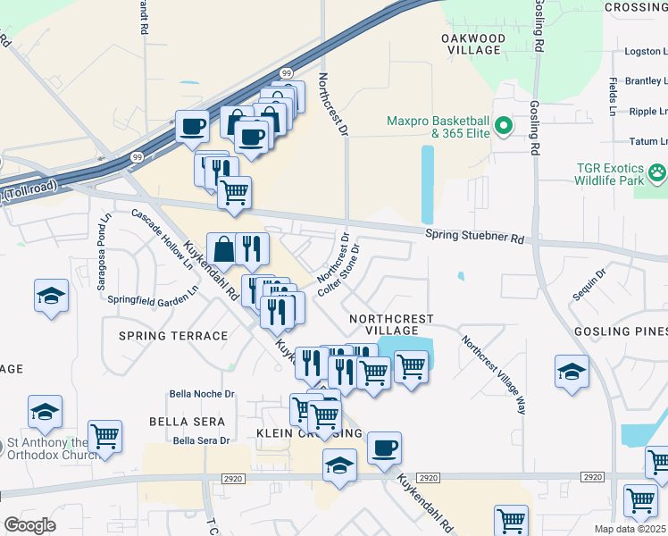 map of restaurants, bars, coffee shops, grocery stores, and more near 21795 Northcrest Drive in Spring