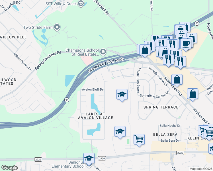 map of restaurants, bars, coffee shops, grocery stores, and more near 21822 Avalon Queen Drive in Spring