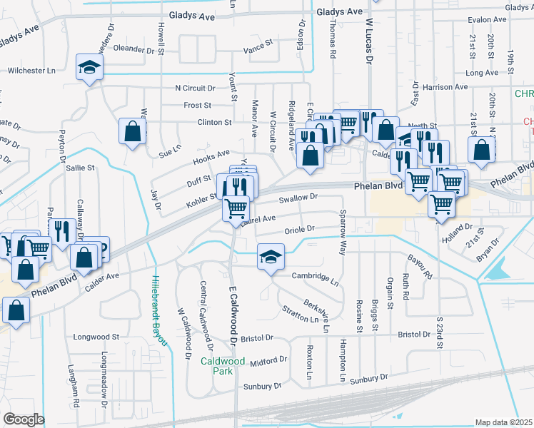 map of restaurants, bars, coffee shops, grocery stores, and more near 5360 Laurel Avenue in Beaumont
