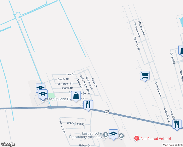 map of restaurants, bars, coffee shops, grocery stores, and more near 1532 Delta Drive in LaPlace
