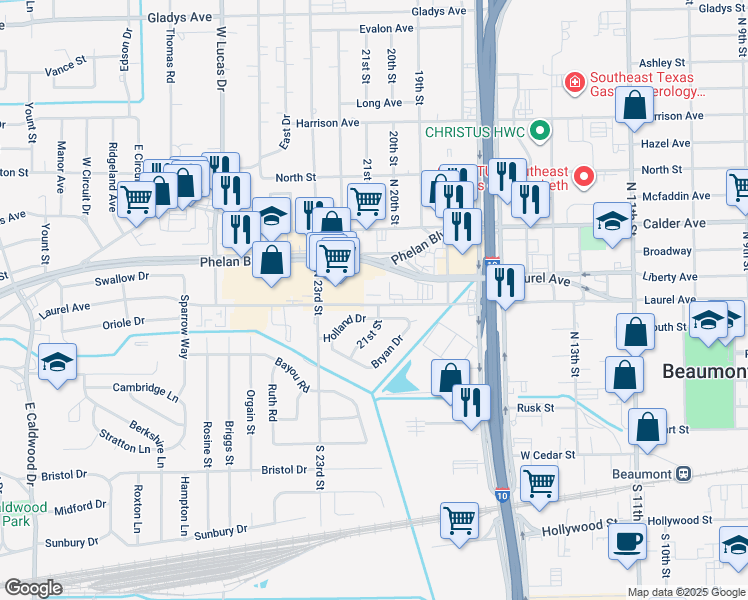 map of restaurants, bars, coffee shops, grocery stores, and more near 3743-3781 Laurel Avenue in Beaumont