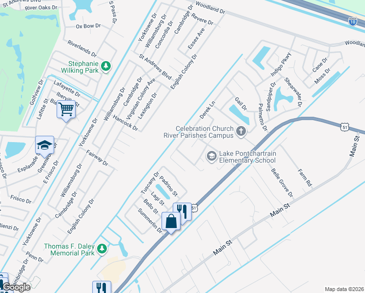 map of restaurants, bars, coffee shops, grocery stores, and more near 11 Kerney Court in LaPlace