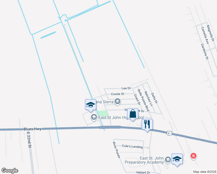 map of restaurants, bars, coffee shops, grocery stores, and more near 1801 Lee Drive in LaPlace