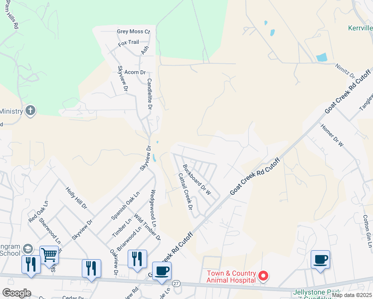 map of restaurants, bars, coffee shops, grocery stores, and more near 504 North Buckboard Drive West in Kerrville