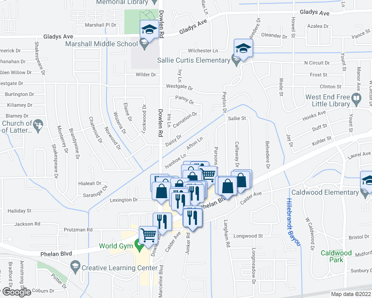 map of restaurants, bars, coffee shops, grocery stores, and more near 6292 Afton Lane in Beaumont