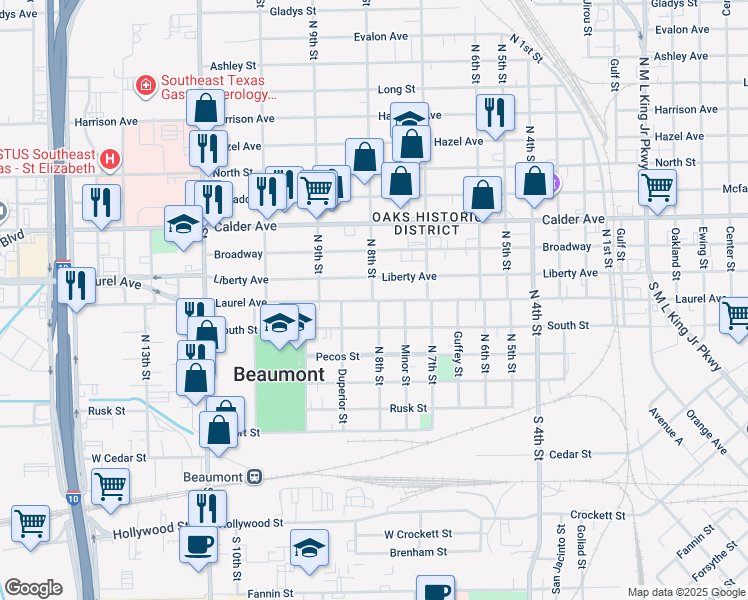 map of restaurants, bars, coffee shops, grocery stores, and more near 2385 Laurel Street in Beaumont
