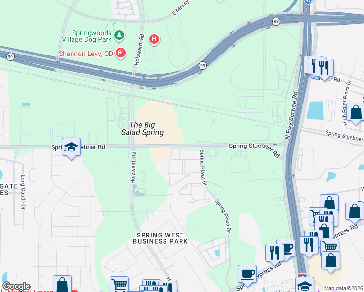 map of restaurants, bars, coffee shops, grocery stores, and more near 2203 Spring Stuebner Road in Spring