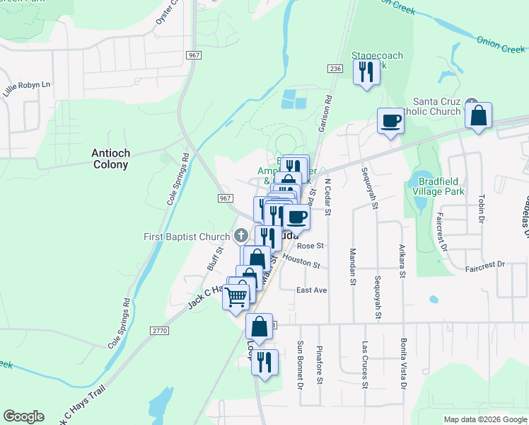 map of restaurants, bars, coffee shops, grocery stores, and more near 207 North San Marcos Street in Buda