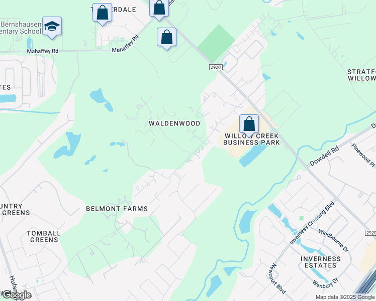 map of restaurants, bars, coffee shops, grocery stores, and more near 22710 Walden Way in Tomball