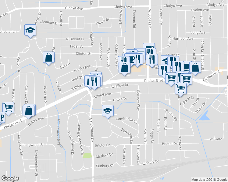 map of restaurants, bars, coffee shops, grocery stores, and more near 5280 Laurel Avenue in Beaumont