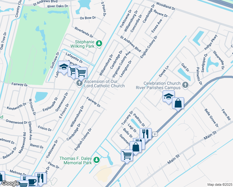 map of restaurants, bars, coffee shops, grocery stores, and more near 504 Fife Lane in LaPlace