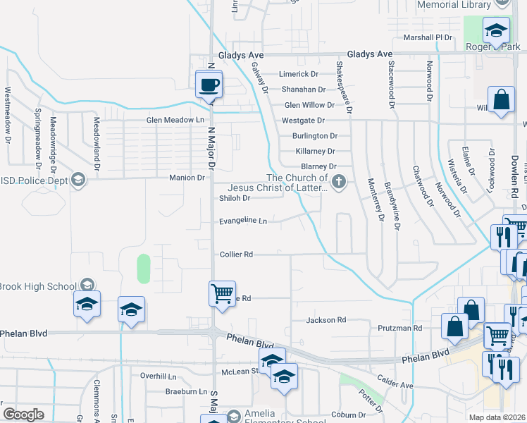 map of restaurants, bars, coffee shops, grocery stores, and more near 8220 Evangeline Lane in Beaumont