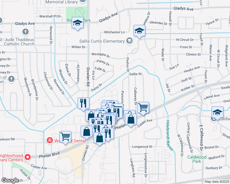 map of restaurants, bars, coffee shops, grocery stores, and more near 765 Parsons Drive in Beaumont