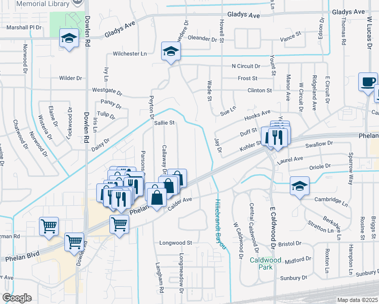 map of restaurants, bars, coffee shops, grocery stores, and more near 435 Belvedere Drive in Beaumont