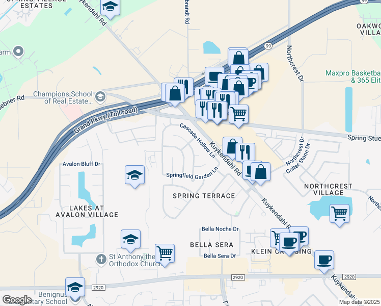 map of restaurants, bars, coffee shops, grocery stores, and more near 21806 Prairie Spring Lane in Spring