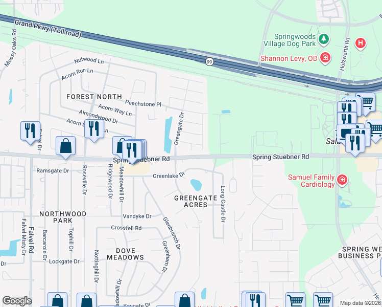 map of restaurants, bars, coffee shops, grocery stores, and more near 22002 Prose Court in Spring