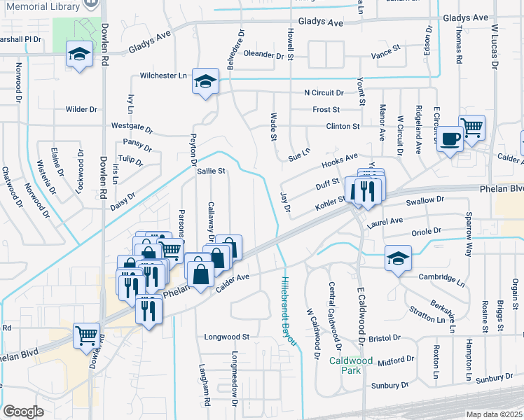 map of restaurants, bars, coffee shops, grocery stores, and more near 432 Belvedere Drive in Beaumont