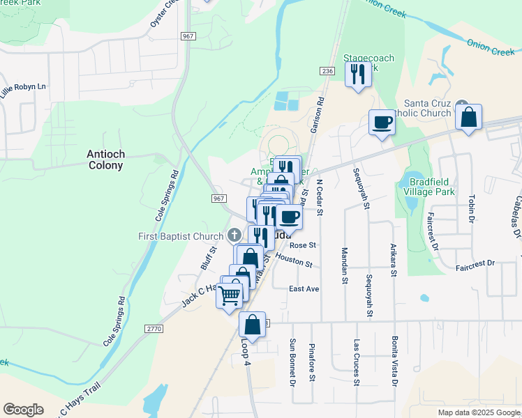 map of restaurants, bars, coffee shops, grocery stores, and more near 210 Austin Street in Buda