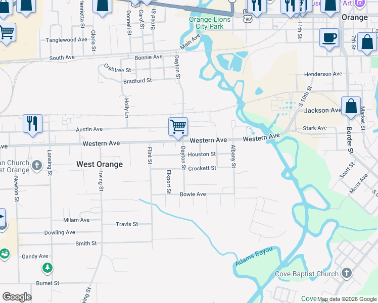 map of restaurants, bars, coffee shops, grocery stores, and more near 1907 Houston Street in West Orange