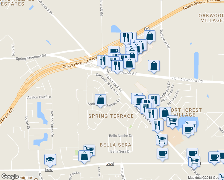 map of restaurants, bars, coffee shops, grocery stores, and more near 21807 Cascade Hollow Lane in Spring