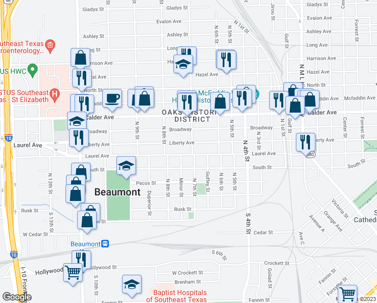 map of restaurants, bars, coffee shops, grocery stores, and more near 195 North 7th Street in Beaumont