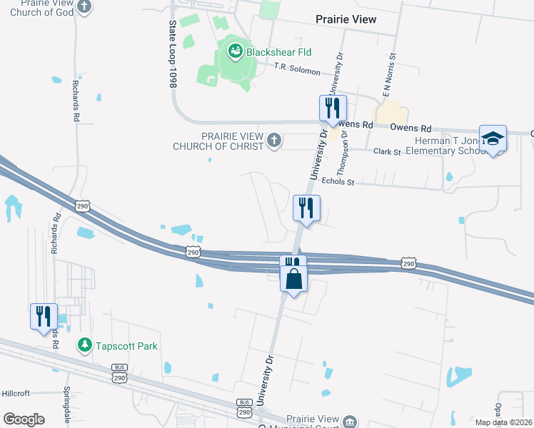 map of restaurants, bars, coffee shops, grocery stores, and more near 112 Pine Street in Prairie View