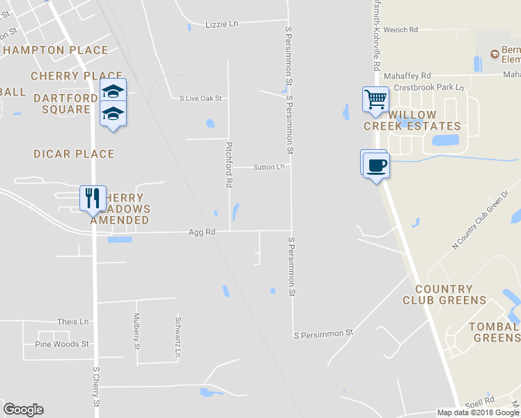 map of restaurants, bars, coffee shops, grocery stores, and more near 1330 South Persimmon Street in Tomball