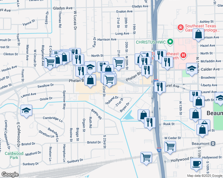 map of restaurants, bars, coffee shops, grocery stores, and more near 3781 Laurel Ave in Beaumont