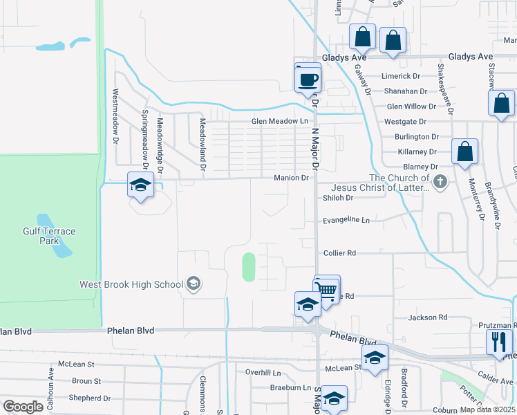 map of restaurants, bars, coffee shops, grocery stores, and more near 8785 Lafayette Lane in Beaumont