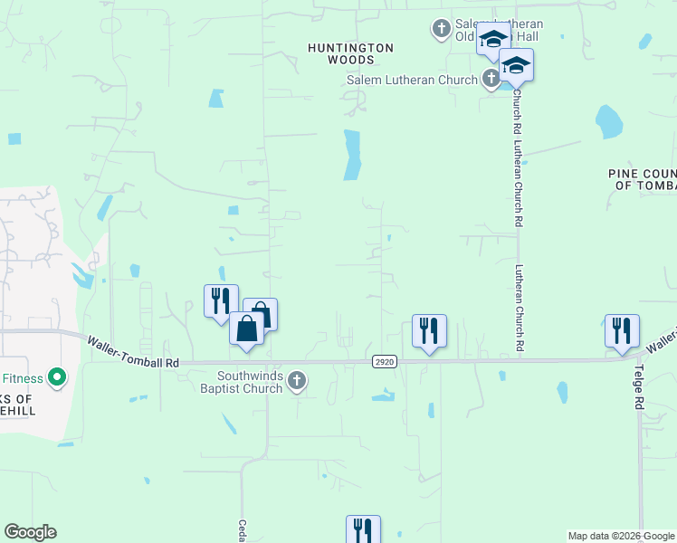 map of restaurants, bars, coffee shops, grocery stores, and more near 22035 Buescher Road in Tomball