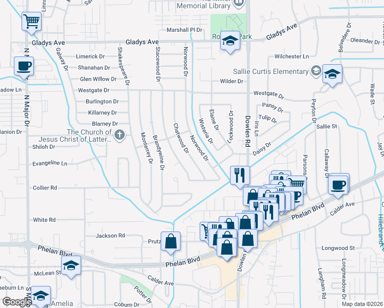 map of restaurants, bars, coffee shops, grocery stores, and more near 885 Chatwood Drive in Beaumont