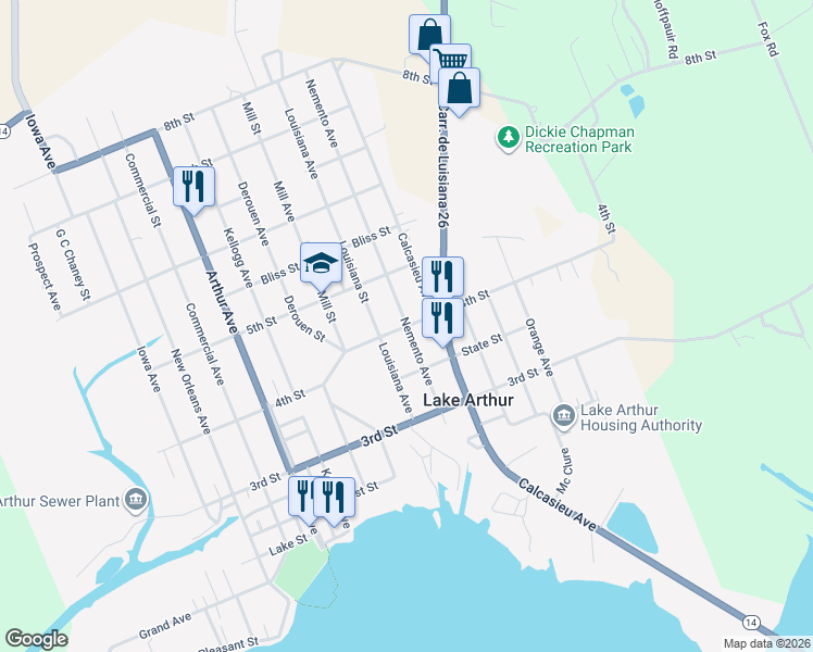 map of restaurants, bars, coffee shops, grocery stores, and more near 401 Nemento Avenue in Lake Arthur
