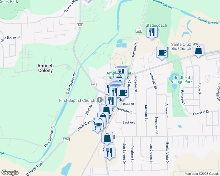 map of restaurants, bars, coffee shops, grocery stores, and more near 209 North San Marcos Street in Buda