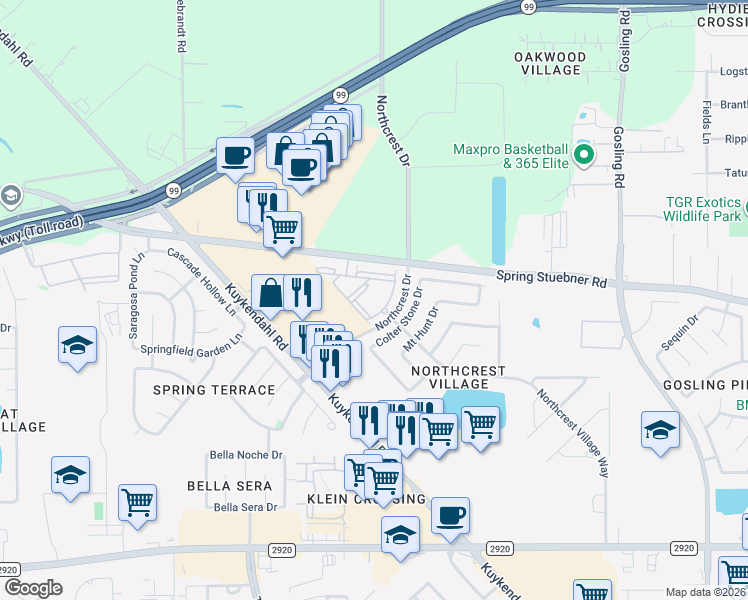 map of restaurants, bars, coffee shops, grocery stores, and more near 21801 Northcrest Drive in Spring