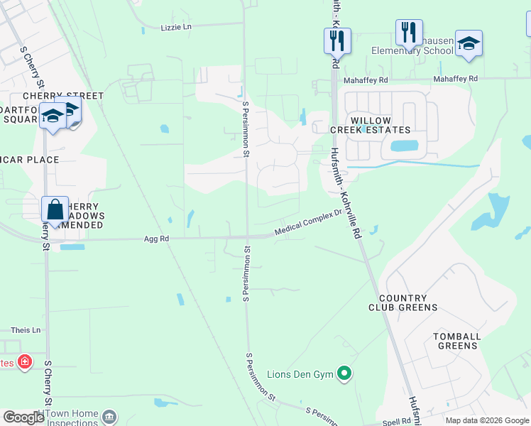 map of restaurants, bars, coffee shops, grocery stores, and more near 1201-1399 South Persimmon Street in Tomball