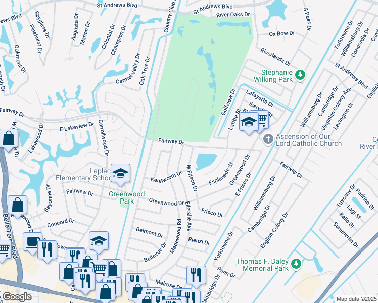 map of restaurants, bars, coffee shops, grocery stores, and more near 509 Fairway Drive in LaPlace