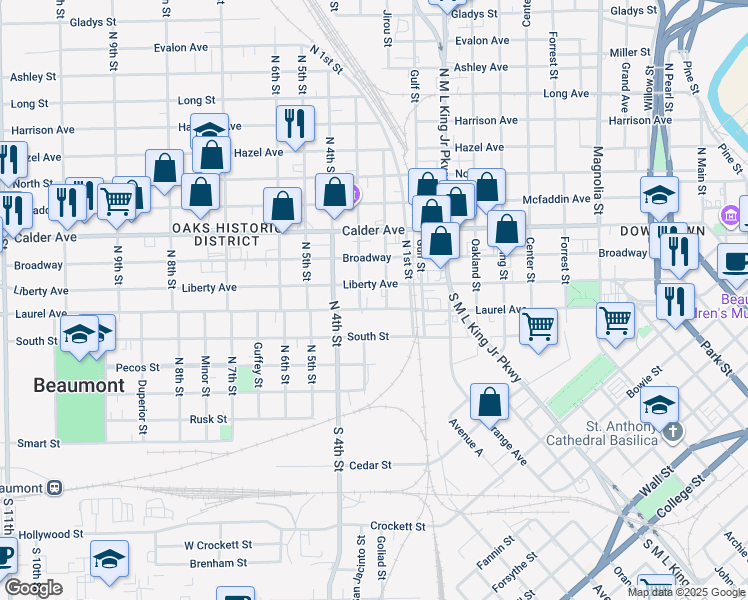 map of restaurants, bars, coffee shops, grocery stores, and more near 1890 Laurel Avenue in Beaumont