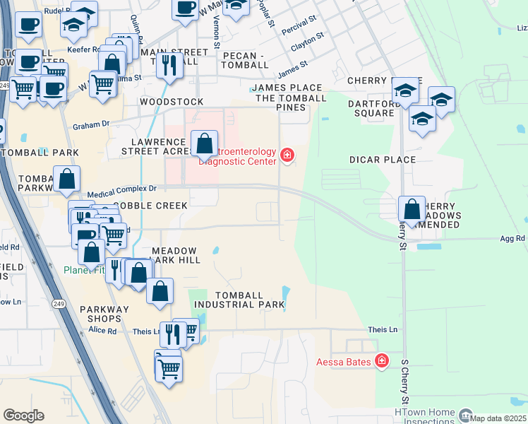 map of restaurants, bars, coffee shops, grocery stores, and more near 250 School St in Tomball