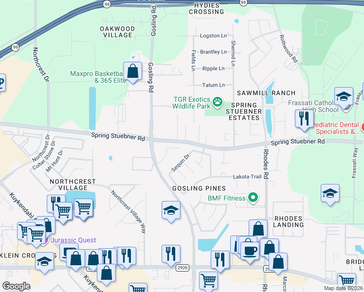 map of restaurants, bars, coffee shops, grocery stores, and more near 5506 Spring Stuebner Road in Spring